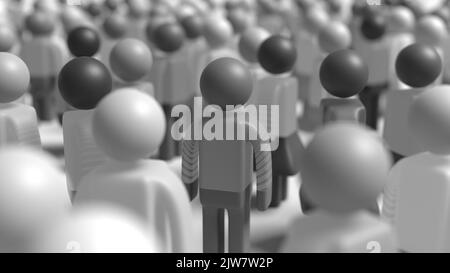 Gerendert einfach-3D Szene der Gruppe der einfachen menschlichen 3D Ikonen, die eine Gesellschaft errichten und einer von ihnen, die auf symbolisieren fokussiert wird, dass er in verwirrt ist Stockfoto