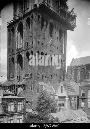 Blick auf den unteren Platz des Domturms (Domplein) in Utrecht, während der Restaurierung des Turms; im Vordergrund ein Gewächshaus des Baumgartens Flora's Hof. Stockfoto