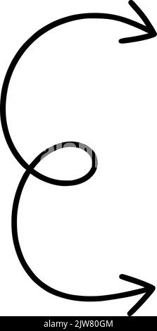 Zweiseitiger, gelockter Pfeil. In schwarzer Farbe. Handgezeichnetes Symbol auf zwei Arten. Richtungszeiger-Symbol Stock Vektor