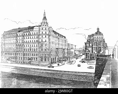 Russland, Moskau, Hotel Baltschug Kempinski. Architektonische Skizze eines mehrstöckigen Gebäudes. Freihändig Bleistiftzeichnung des Zentrums von Moskau. Vektor Stock Vektor