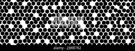 Unebenes schwarz-weißes Wabenmuster mit einfachen, nahtlosen Mustern und Aushöhlungen. Unregelmäßige Struktur der Hive-Zellen. Abstrakter Vektorhintergrund mit Hexagon-Geometrie. Stock Vektor