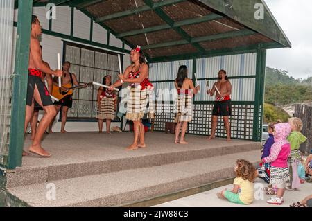 Maori-Tänzer in ihrem traditionellen Tanzkleid bei einem kulturellen Tanzkonzert für Besucher, die das einzige lebende Maori-Dorf Neuseelands besuchen Stockfoto