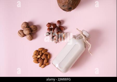Stillleben mit einem milchfreien, pflanzenbasierten Milchgetränk und gesunden Zutaten, Nüssen zum Frühstück - Essen und Trinken Stockfoto