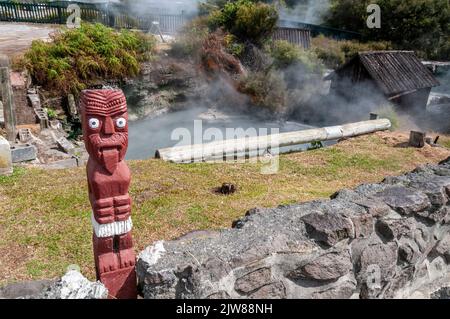 In der geothermischen Whakarewarewa in Rotorua in der Umgebung befindet sich ein Paar Maori-Götter an einem der Dampfbäder von Neuseelands einmaltem lebenden Maori-Dorf Stockfoto