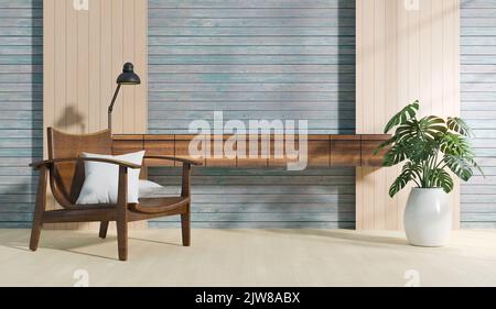Wohnzimmer Modell Innenarchitektur und Dekoration, 3D Illustration Rendering Stockfoto
