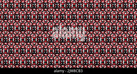 Geometrisches Raster Hintergrund Ethnische Pixel Art Stil Muster Schwarz, weiß und rot Retro abstraktes Rauschen Textur Stockfoto