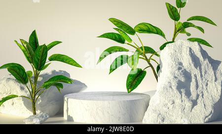 3D Hintergrund Produktpräsentation mit weißen Felsen und tropischen Pflanzen auf einem Zylinder-Podium oder Dais aus Granit im beigen Studiohintergrund. pr Stockfoto