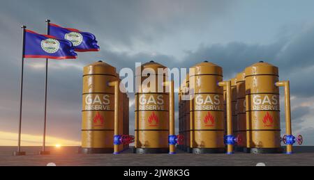 Belize Gasreserve, Belize Gasspeicher, Erdgastank Belize mit Flagge Belize, Sanktion auf Gas, 3D Arbeit und 3D Bild Stockfoto