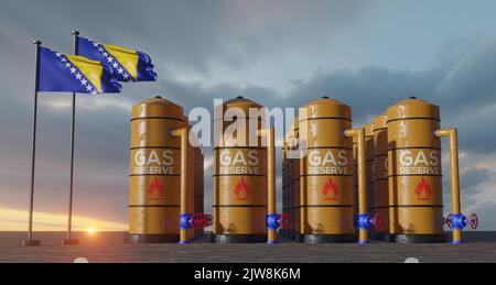 Gasreserve Bosnien und Herzegowina, Gasspeicher Bosnien und Herzegowina, Erdgastank Bosnien und Herzegowina mit der Flagge Bosnien und Herzego Stockfoto