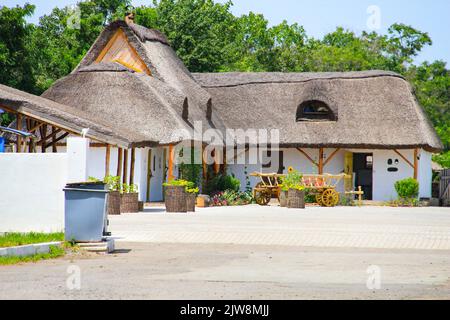 Altes traditionelles Haus der Ukrainer mit Strohdach, Tonwänden Mazanka. Alte ukrainische Hütte. Ukraine. Hölzerne Pferdekutsche. Aus Holz Stockfoto