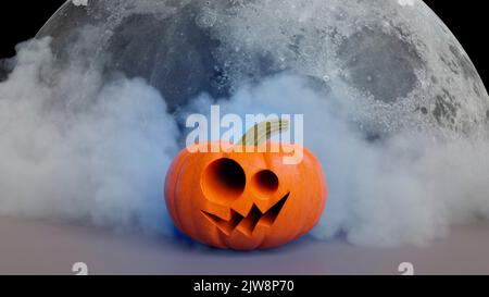Kürbis in Halloween Illustration mit Vollmond und Misty Smoke. Weihnachts-Poster mit Platz für eine Party-Einladung oder ein Plakat. Stockfoto