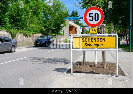 Schengen, Luxemburg, die Stadt, in der das berühmte Schengen-Abkommen am 14. Juni 1985 unterzeichnet wurde. Stockfoto