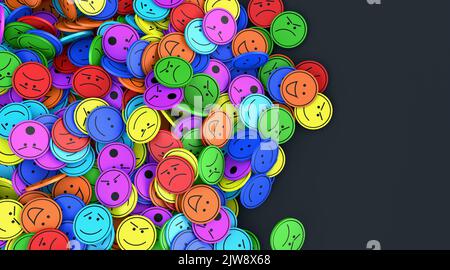 Viele runde und farbige Gesichter mit unterschiedlichen Emotionen liegen übereinander - 3D Illustration Stockfoto