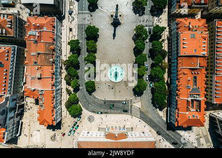 Draufsicht auf den Dom Pedro IV Platz im Baixa Bezirk von Lissabon, Portugal Stockfoto