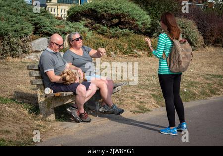 Eine junge Frau hält an, um mit einem Paar mittleren Alters und ihrem Hund in Southend-on-Sea, Essex, Großbritannien, zu plaudern. Stockfoto