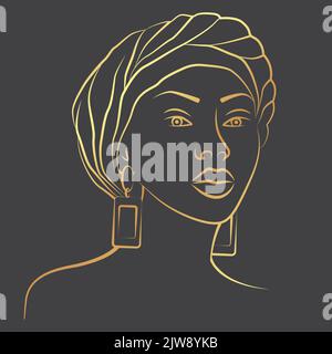 Lineare Zeichnung goldene Illustration von schwarzen Frau Porträt Stock Vektor