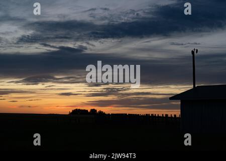 Landhauslandschaft bei Sonnenuntergang Silhouette Szene auf den Alberta Prärien in Rocky View County Stockfoto