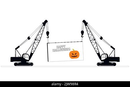 Die Ladung wird von zwei selbstfahrenden Baukräne gehalten. Happy halloween, Feier Konzept. Stock Vektor