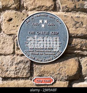 Blaue Plakette auf dem Castle Keep, Newcastle-upon-Tyne, Tyne and Wear, England, Großbritannien Stockfoto
