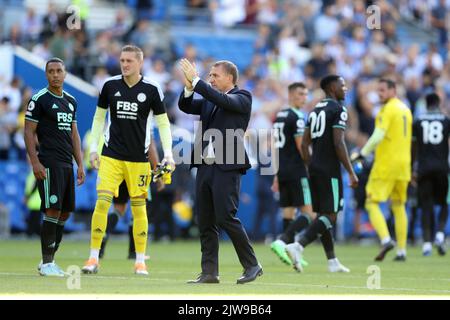 Brighton und Hove, Großbritannien. 4. September 2022. Brendan Rogers, Manager von Leicester City nach dem Premier League-Spiel im AMEX Stadium, Brighton und Hove. Bildnachweis sollte lauten: Paul Terry/Sportimage Kredit: Sportimage/Alamy Live News Stockfoto