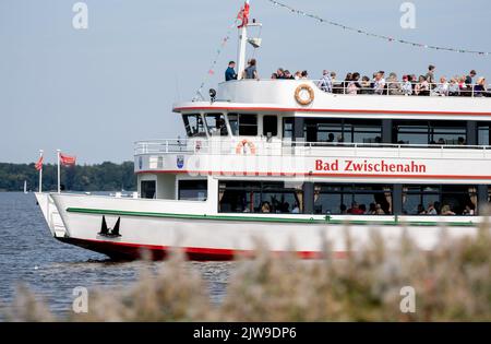 Bad Zwischenahn, Deutschland. 04. September 2022. Das Ausflugsboot 'Bad Zwischenahn' ist auf dem Zwischenahner Meer bei sonnigem Wetter unterwegs. Quelle: Hauke-Christian Dittrich/dpa/Alamy Live News Stockfoto