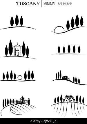 Minimale Landschaftsgrafiken für die Marke Tuscany – Schwarz auf Weiß Stock Vektor