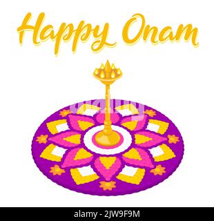 Happy Onam Grußkarte mit geblümten Rangoli (Pookalam). Indischer Urlaub in Kerala. Vektorgrafik Clip Art Illustration. Stock Vektor