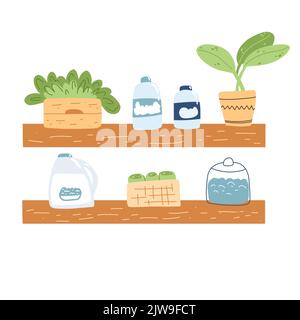 Badregale mit Flaschen, Handtüchern und Pflanzen im Cartoon-Flat-Stil. Vektor-Illustration von gemütlichen modernen Regal. Stock Vektor