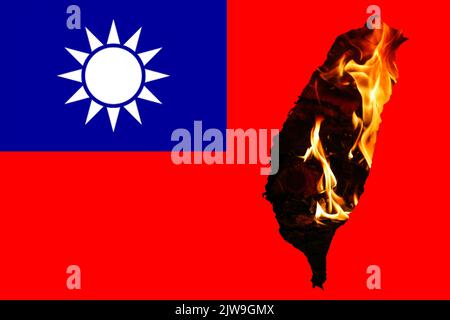 Defokussieren Sie die Flagge Taiwans, die offiziellen Farben und das richtige Verhältnis. Flagge Taiwans. Taiwan-Karte. Demokratie. Krieg und Feuer und Flamme. Krieg zwischen China Stockfoto