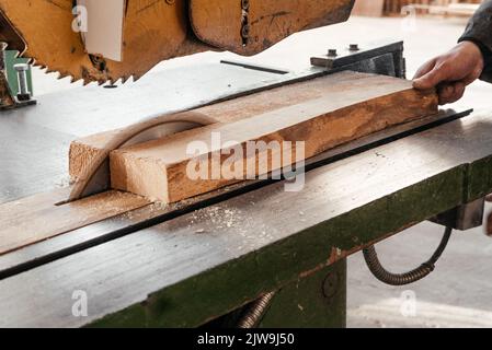 Das Blatt einer Kreissäge auf dem Schreibtisch schneidet ein Pinienbrett. Stockfoto