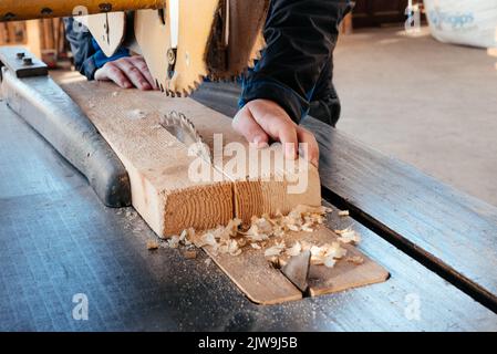 Das Blatt einer Kreissäge auf dem Schreibtisch schneidet ein Pinienbrett. Stockfoto