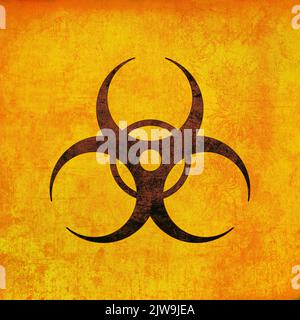 Biohazard-Schild, braun auf gelb. Emblem der biologischen Bedrohung, grunge strukturiert Stockfoto