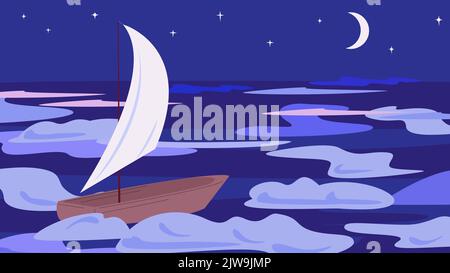 Segelboot segelt nachts bei Mond und Sternenhimmel im Ozean. Acid trendy Illustration mit Einzelboot. Vektor Metapher der Einsamkeit und der Suche nach dem Ort Stock Vektor