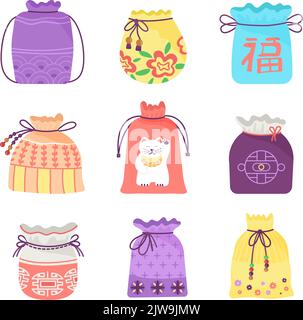 Glückstaschen. Kunst chinesische Tasche, koreanisch glücklich traditionelle Tasche. Asiatische Tradition präsentieren Geldbörse, chuseok Elemente. Orientalische Urlaub Geschenke anständige Vektor Stock Vektor