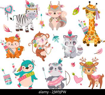 Cartoon-Stammestiere. Wild niedliches Tier mit Pfeilen. Fuchs, Waschbär und Pinguin im Boho-Stil. Waldbabyfiguren, entzückende kindliche Nowaday-Vektor Stock Vektor