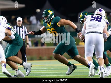 Waco, Texas, USA. 3. September 2022. Baylor Bears offensiver Linienmann Jacob Gall (66) blockiert während der 2.. Hälfte des NCAA Football-Spiels zwischen den Albany Great Danes und Baylor Bears im McLane Stadium in Waco, Texas, einen Spieler. Matthew Lynch/CSM/Alamy Live News Stockfoto