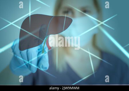 Ärztin berührt virtuelle Leber in der Hand. Verschwommenes Foto, handgezeichnetes menschliches Organ, rot als Symbol der Krankheit hervorgehoben. Krankenhausdienst im Gesundheitswesen Stockfoto