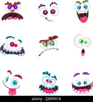 Monster Gesichter. Verrückte Avatar lustige Charakter Emoticons mit Augen und toothy Münder Cartoon Monster Face Sammlung Stock Vektor