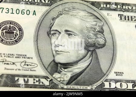 Alexander Hamilton zum Nahaufnahmungsmakro der 10-Dollar-US-Dollar-Währung. Stockfoto