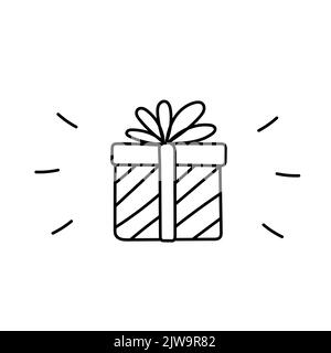 Doodle Geschenkbox mit Schleife. Handgezeichnet vorhanden. Grafisches Design-Element für Werbung, Flyer, Poster, Webshop-Verkauf. Stock Vektor