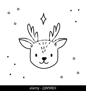 Handgezeichnetes weihnachtliches Hirschgesicht isoliert auf weißem Hintergrund. Neujahr Vektor Tier Skizze, Doodle Symbol oder Urlaub Spielzeug Illustration Stock Vektor