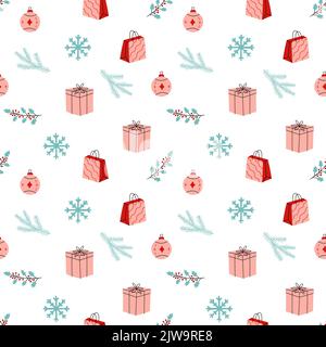 Weihnachtliches Nahtloses Muster mit Geschenkschachteln. Neujahr Muster in flacher Form. Vektor Hintergrund für Geschenkpapier, Banner, Web-Design, Scrapbooking und Stock Vektor