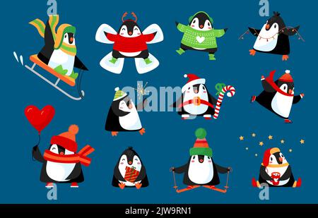 Winter Pinguine Comic-Figuren. Pinguin Familie Weihnachten Urlaub, niedliche stilvolle flache Vektor weihnachten Tiere mit Geschenk, Herzballon und Süßigkeiten Stock Vektor
