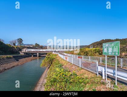 kyushu, japan - 10 2021. dezember: Der Nagasato-Fluss, der von einem Zug auf der Nagasaki-Hauptlinie überquert wird, liegt neben einem Pfad, der mit Illustrationen von Insekten und geschmückt ist Stockfoto