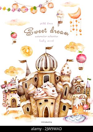 Sweet Dream Aquarell Illustration. Süßwaren. Ein lustiger Urlaub. Burgkuchen, Karamell, Süßigkeiten, Ballons, Kuchen, Erdbeere, Eismaschine, Wolken Stockfoto