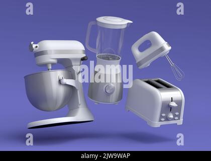 Elektrische Küchengeräte und Utensilien für das Frühstück auf violettem Hintergrund. 3D Render von Küchengeräten zum Kochen, Backen, Mixen und Whippin Stockfoto