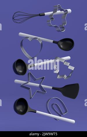 Set aus Ausstechformen aus Metall und Küchenutensilien aus Holz auf violettem Hintergrund. 3D Wiedergabe von Küchengeräten und Zubehör für das Kochen Stockfoto
