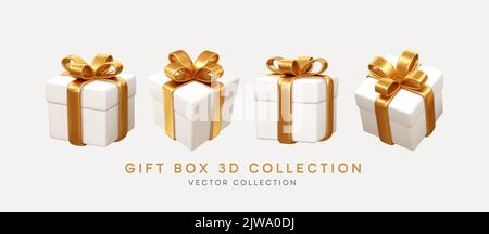 2023 3D realistische weiße Geschenkschachteln mit Goldband Geschenkschleife Set. Weihnachtsdekoration Vektor-Illustration Stock Vektor