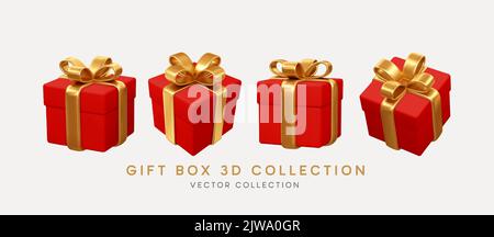2023 3D realistische rote Geschenkschachteln mit Goldband Geschenkschleife Set. Weihnachtsdekoration Vektor-Illustration Stock Vektor