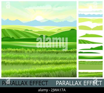 Wiesenhügel mit Gemüsegärten und Feldern. Rangeländer und Weiden. Ländliche Landschaft. Bild aus Ebenen für Überlagerung mit Parallaxe-Effekt. Vektor. Stock Vektor